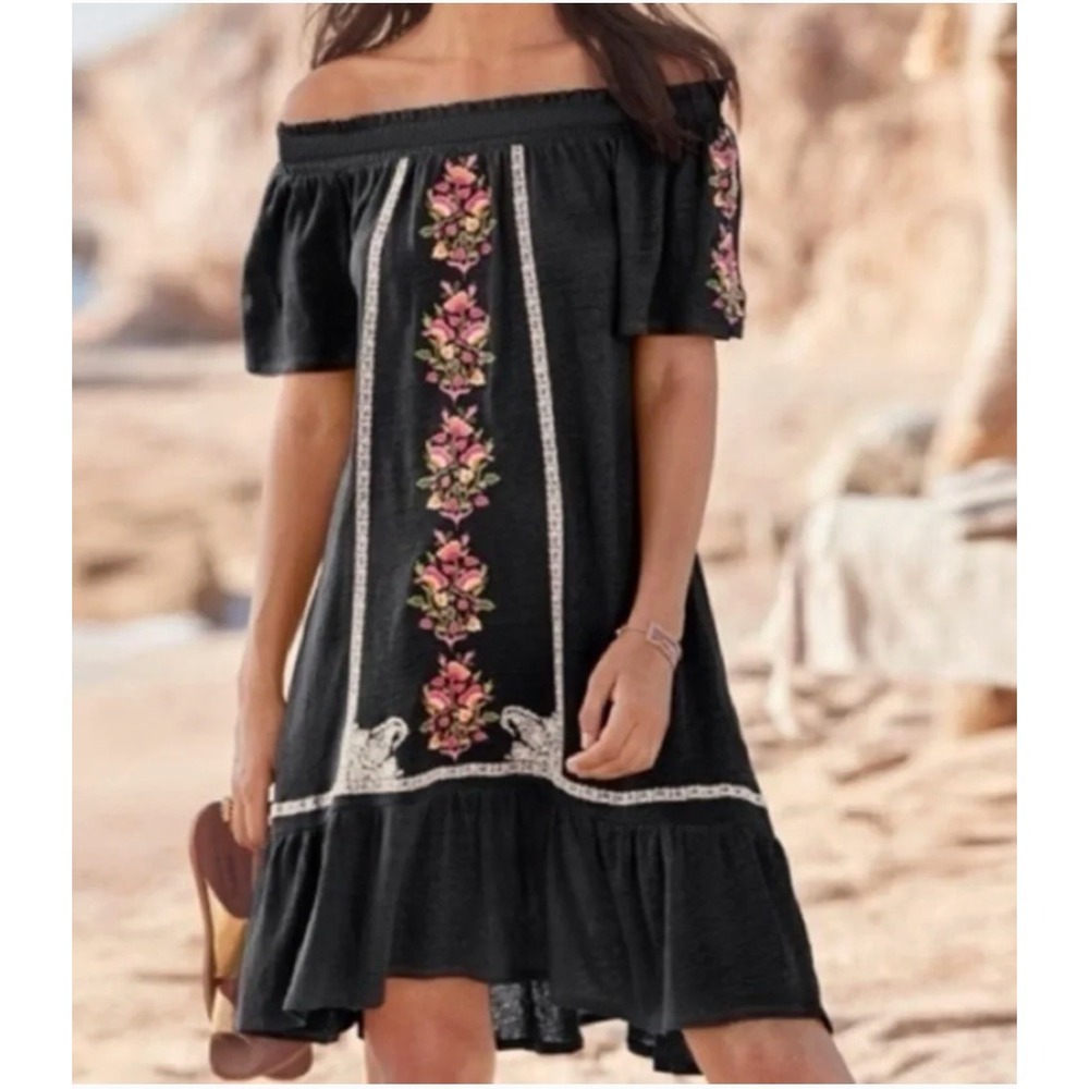 Sundance Embroidered Linen Dress XS Black Boho Floral Path Summer